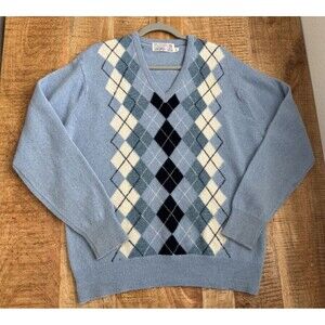 Vintage Pitlochry Men's Blue Argyle Lambswool Jumper Sweater Made Scotland XL/44